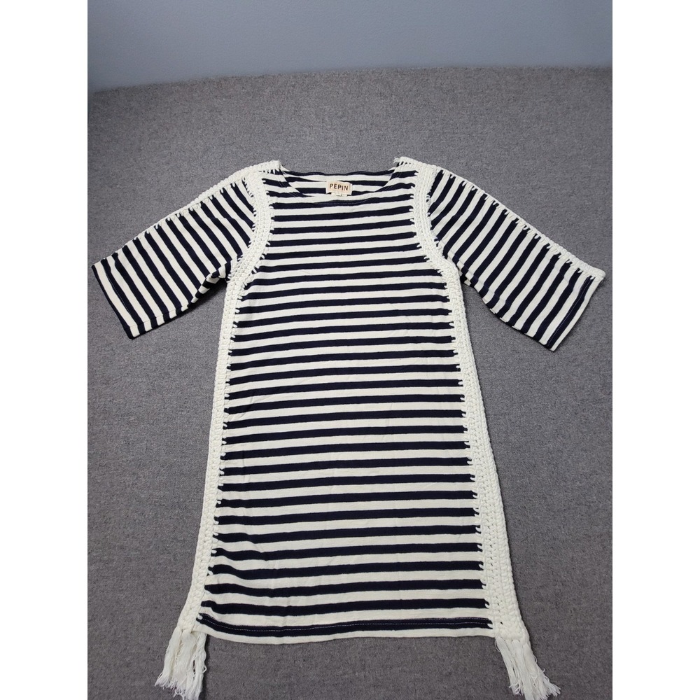 Pepin Women's Striped Tunic Dress Small Navy White Crochet Fringe‎ 3/4 Sleeve